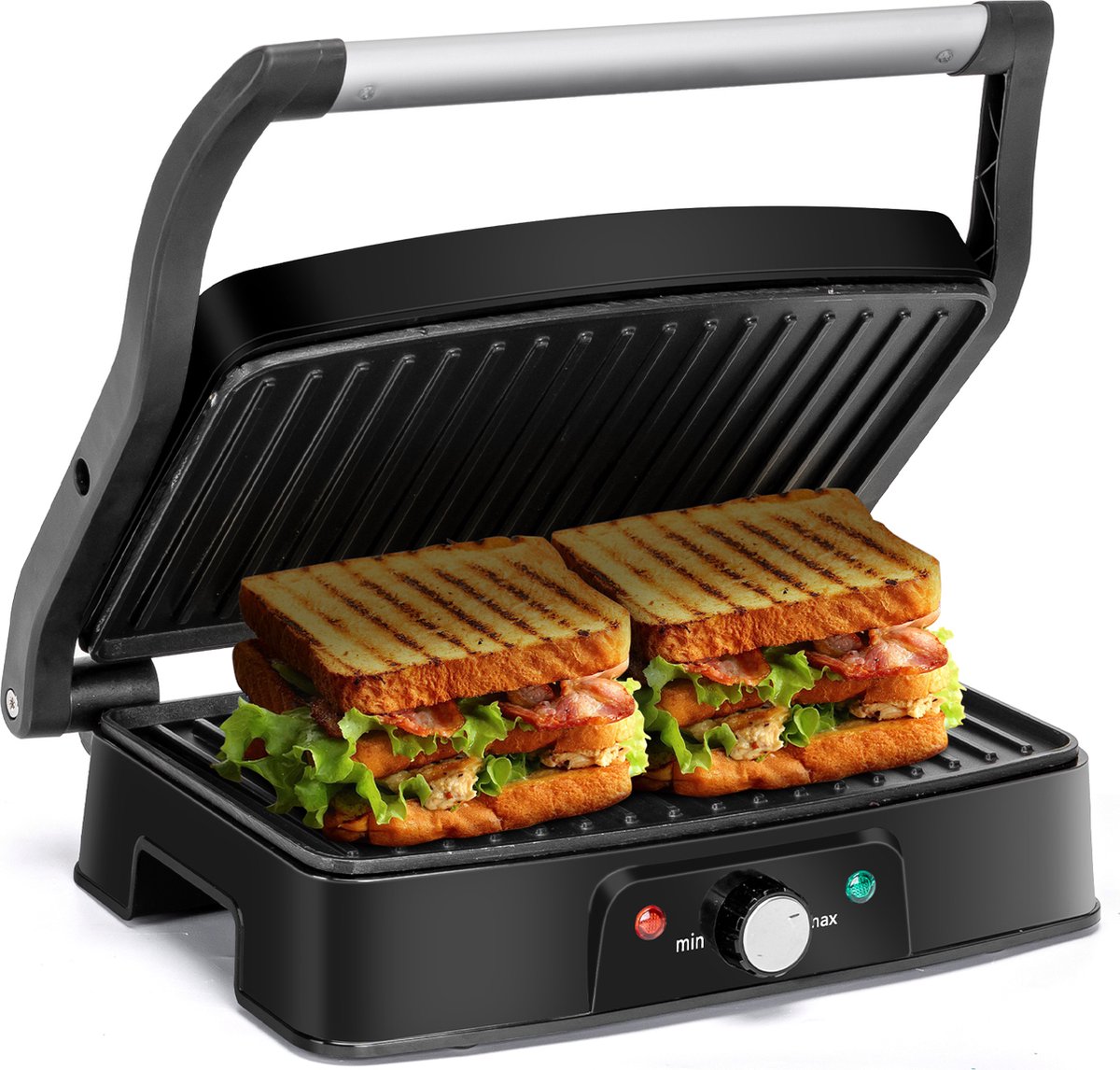 Aigostar Panini Press Grill, Sandwich Maker With Non-Stick Plates, Opens  180 Degrees For Any Size, Indicator Lights, Electric Indoor Gril