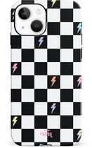 xoxo Wildhearts Thunderstruck - Single Layer - Hard Case geschikt voor iPhone 13 Mini hoesje - Bliksem hoesje - Dames hoesje geschikt voor iPhone 13 Mini hoesje - Case geschikt voor iPhone 13 Mini hoesje - beschermhoes - geblokt - zwart / wit