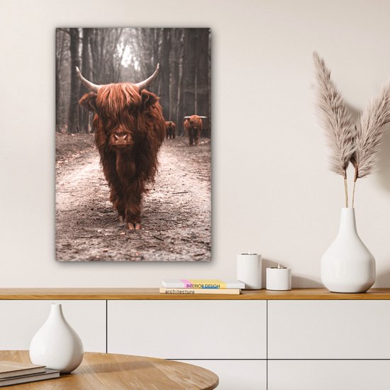 Peinture sur toile Scottish Highlander - Forêt - Vache - Animaux - Nature - 60x90 cm - Décoration murale