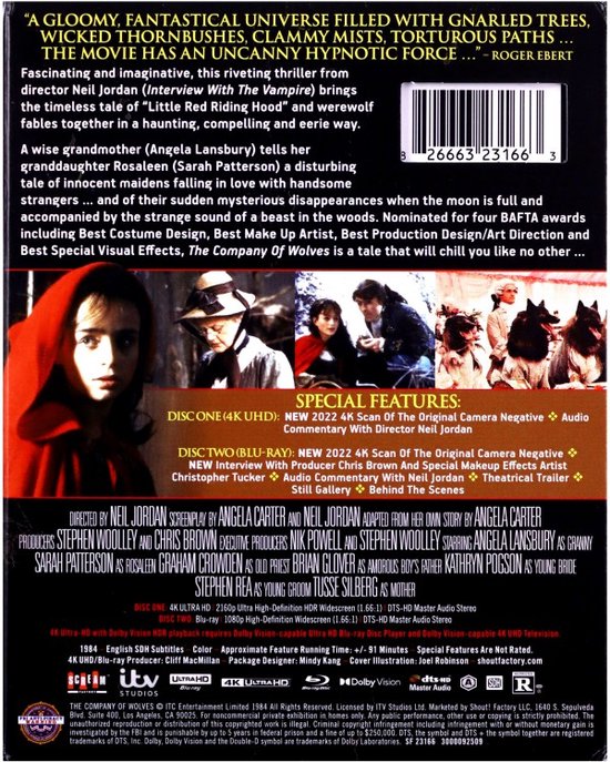 Achterkant van de Blu-ray-hoes van The Company of Wolves, met een recensie en speciale kenmerken.