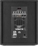 Achterkant van een zwarte Vonyx subwoofer met bedieningspaneel en aansluitingen.