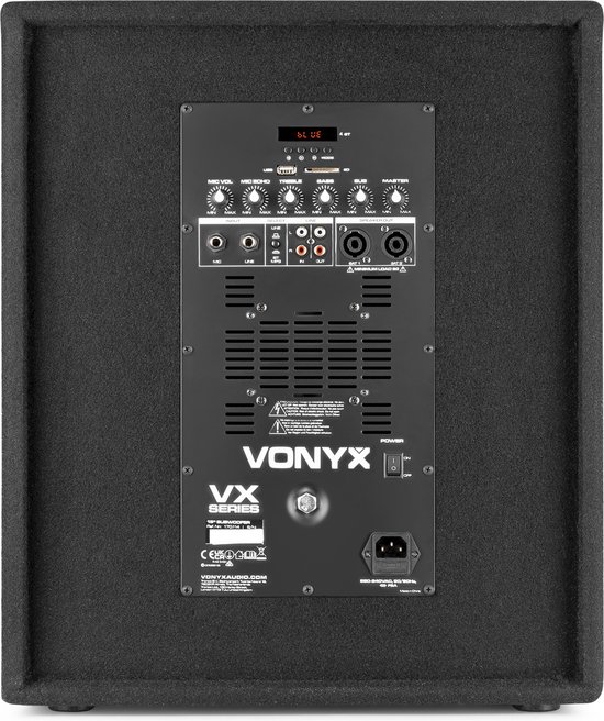 Achterkant van een zwarte Vonyx subwoofer met bedieningspaneel en aansluitingen.