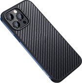 Sulada Carbonshield backcover shockproof met metale rand om case voor iPhone 14 Pro Max donker blauw