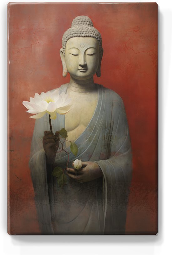 Boeddha met bloemen - Mini Laqueprint - 9,6 x 14,7 cm - Niet van echt te onderscheiden handgelakt schilderijtje op hout - Mooier dan een print op canvas. - LPS526