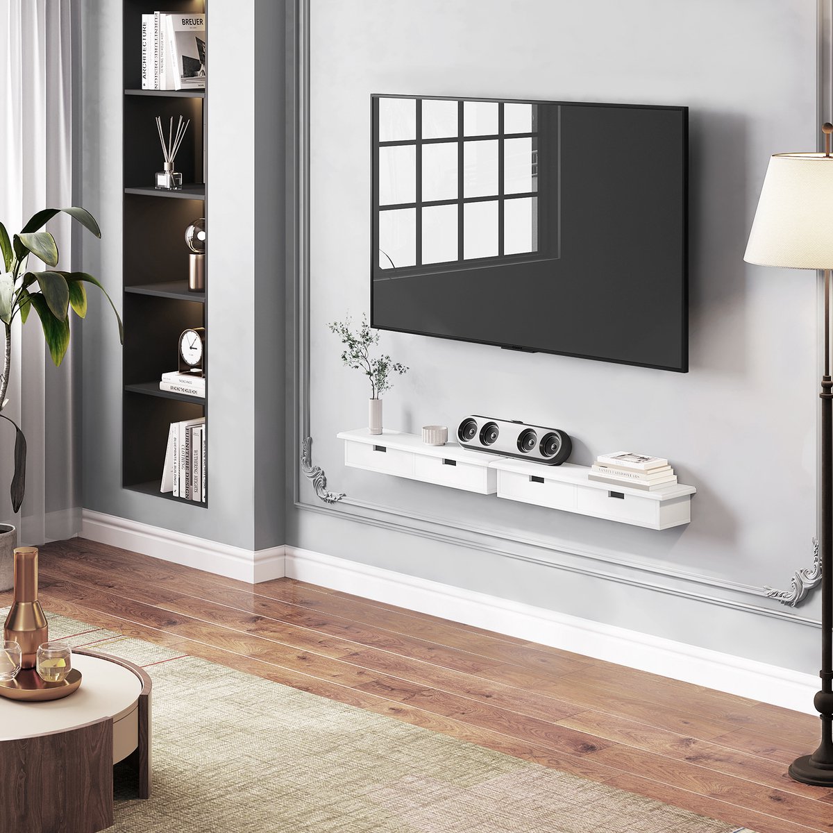 Estantería de pared con 2 cajones Geeste MDF 60x15x10 cm Gris claro [en