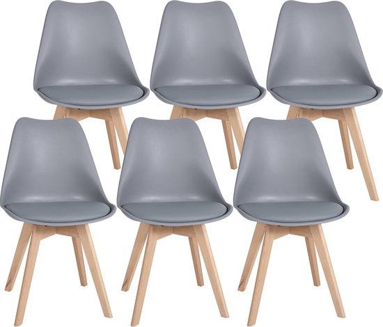 CLP Ramsey Set van 6 eetkamerstoelen - Houten frame - Kunststof zitschaal met kunstlederen bekleding - grijs