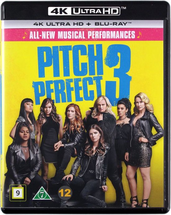 Groepsfoto van de cast van Pitch Perfect 3, met negen vrouwen in zwarte outfits op een gele achtergrond. De titel is in blauwe letters.