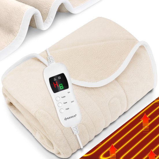 KESSER® Elektrische Warmtedeken | pluche elektrische onderdeken | Deken met timer die | automatisch uitschakelt | warmte-onderdeken | 9 temperatuurstanden - Beige, XXL (200 x 180 cm)