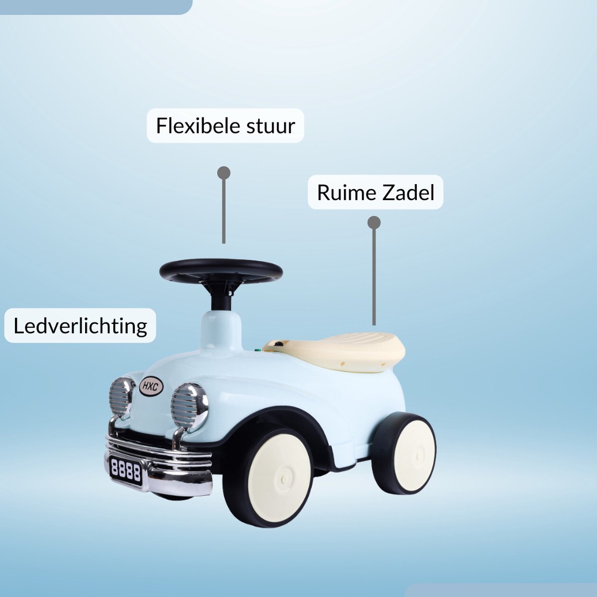 Buxibo Retro Loopauto | Loopwagen voor Jongens & Meisjes | 1-3 jaar | Veilig | Stimuleert Motorische Vaardigheden | Blauw - 58x29x38cm — afbeelding 9