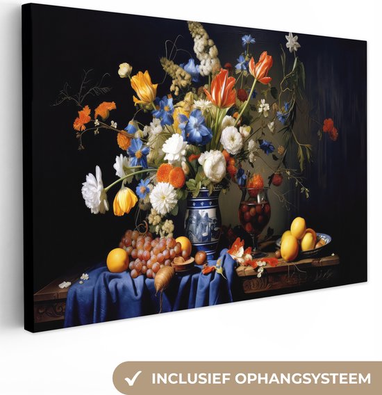 Canvas Schilderij Bloemen - Fruit - Stilleven - Hollands - 90x60 cm - Wanddecoratie