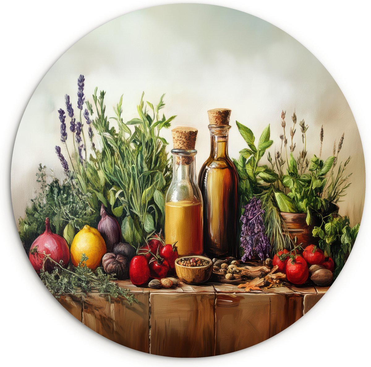 WallCircle® Wandcirkel 140x140 cm - Muurcirkel Stilleven - Kruiden - Specerijen - Fruit - Kleurrijk - Muurdecoratie woonkamer - Wanddecoratie slaapkamer - Kamer decoratie accessoires - Ronde schilderijen