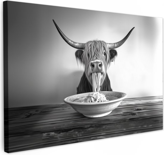 Canvas schilderij 60x40 cm - Wanddecoratie Schotse Hooglander - Spaghetti - Dieren - Zwart wit - Muurdecoratie accessoires - Keuken decoratie muur - Schilderijen op canvas