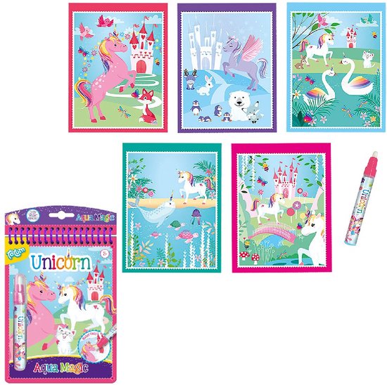 Totum Unicorn junior water kleur boekje - herbruikbaar magisch kleurboek 16 x 21 cm Aqua Magic | kleuren educatief peuter speelgoed