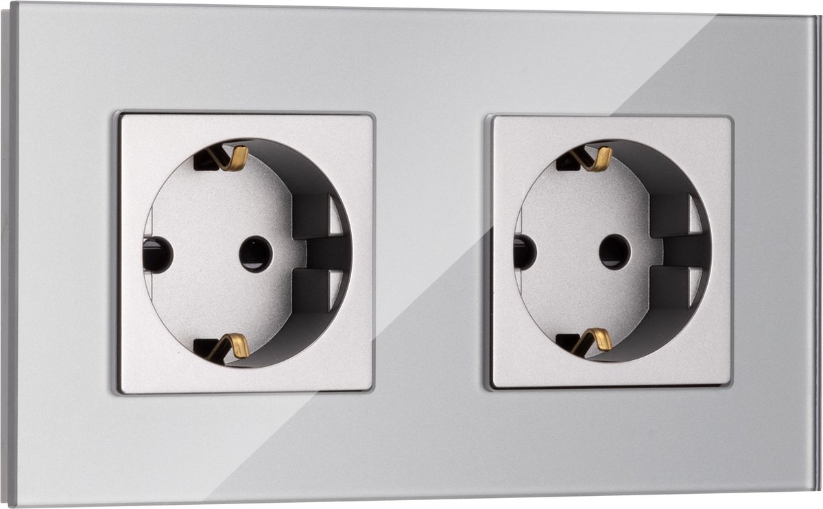 Navaris dubbele wandcontactdoos met aansluitmateriaal - Contactdoos met glazen frame - Tweevoudige stopcontacten cover - Stopcontact doos - Grijs