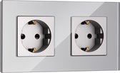 Navaris dubbele wandcontactdoos met aansluitmateriaal - Contactdoos met glazen frame - Tweevoudige stopcontacten cover - Stopcontact doos - Grijs