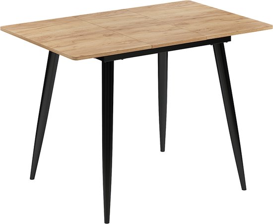 Uitschuifbare eettafel met lichtbruin eikenhouten blad en zwarte poten op witte achtergrond.
