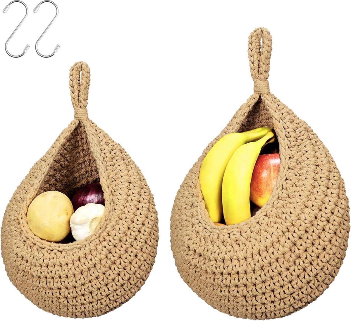 Hangende fruitmand - handgeweven katoenweefsel - groentemand - 2 haken - set van 2