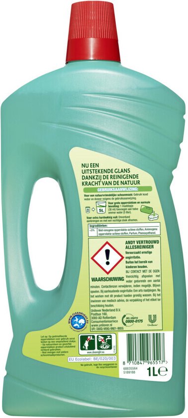 Achterkant lichtgroene fles Andy allesreiniger met rode dop. Tekst over glans, reinigingskracht en waarschuwing.