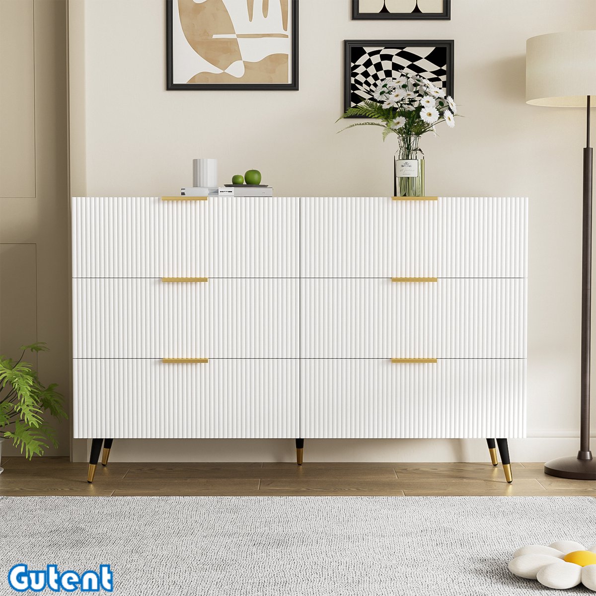 Gutent Dressoir - Zes Laden - Verticale Streep - Wit