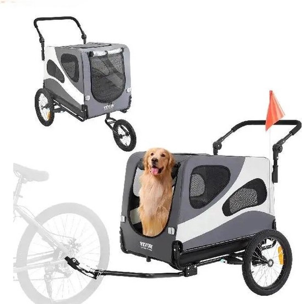 Hondenkar - fietskar - hond - tot 45kg - Kar voor aan de fiets - Hondenfietskar - hondenwagen - grijs/wit - met vlag - met reflectoren