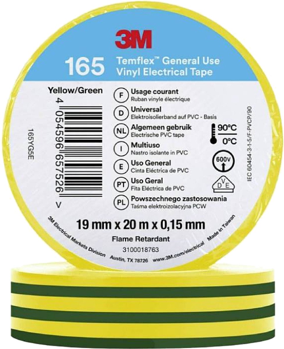 3M Isolatie Tape - 19mm breed - 0,152mm dik - 20 meter - Geel/Groen