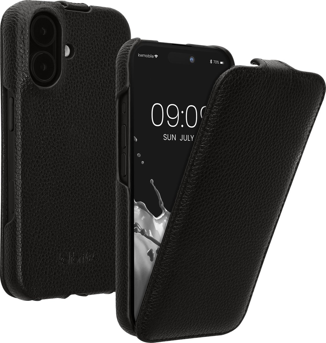 kalibri flip cover geschikt voor Apple iPhone 16 - ultradunne leren hoes voor smartphone - zwart