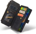 Zwarte portemonnee hoes voor iPhone met ritsvak, kaarthouders en een magnetische sluiting.