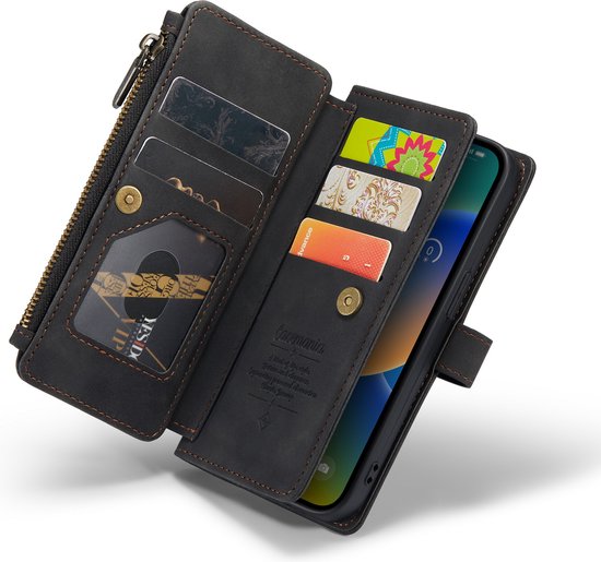 Zwarte portemonnee hoes voor iPhone met ritsvak, kaarthouders en een magnetische sluiting.
