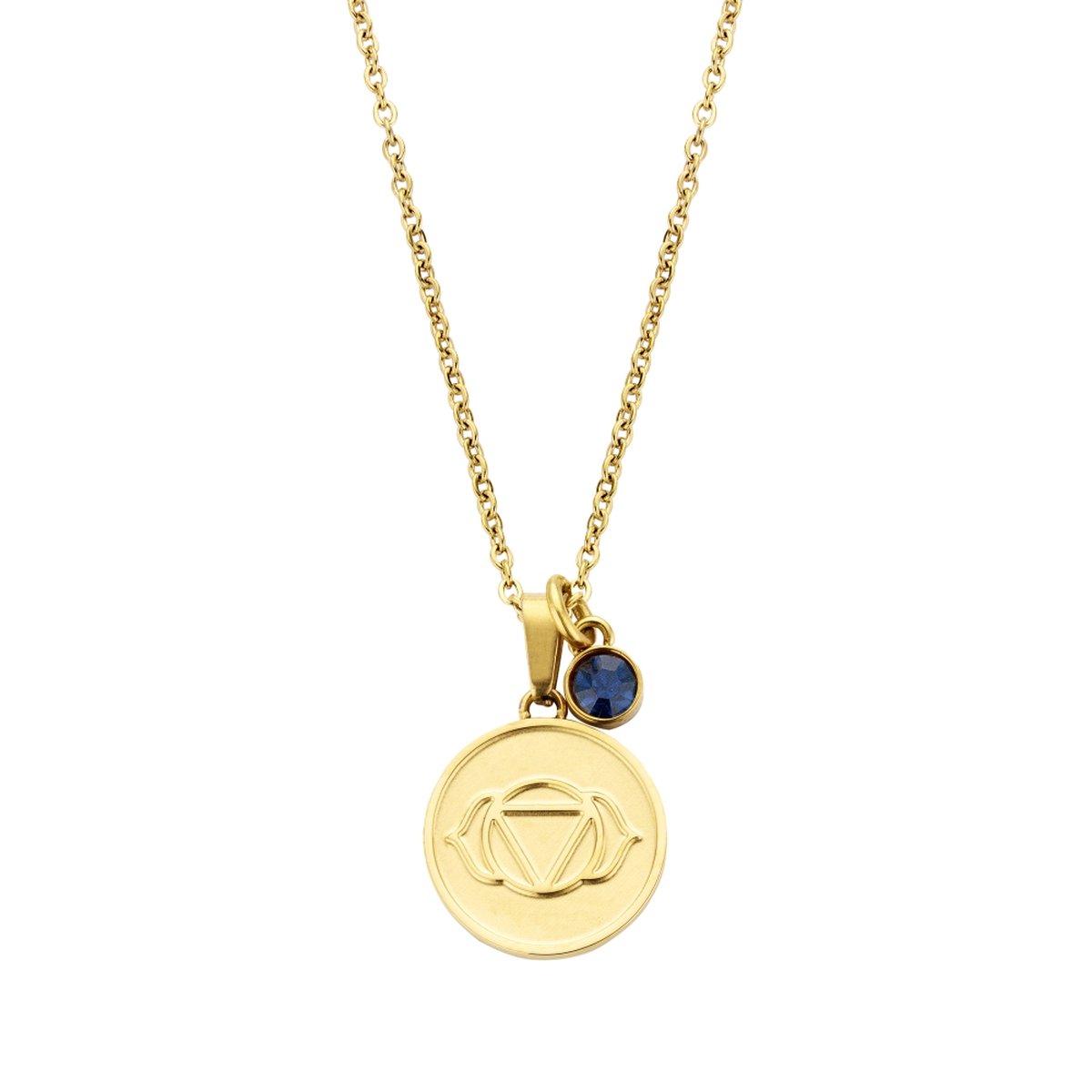 CO88 Collection 8CN-26052 Stalen Collier met Hanger - Chakra Bedel en Kristal - Lengte 42 + 5 cm - Goudkleurig / Donkerblauw
