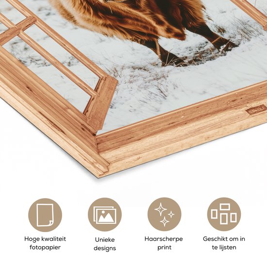 Poster 80x120 cm - Schotse Hooglander - Landschap - Landelijk - Bergen - Winter - Doorkijk - Posters - Kamer decoratie - Wanddecoratie woonkamer - Muurdecoratie slaapkamer