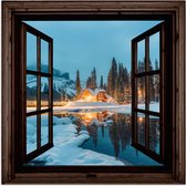 Poster 75x75 cm - Doorkijk - Winter - Landschap - Natuur - Huis - Bergen - Posters - Kamer decoratie - Wanddecoratie woonkamer - Muurdecoratie slaapkamer