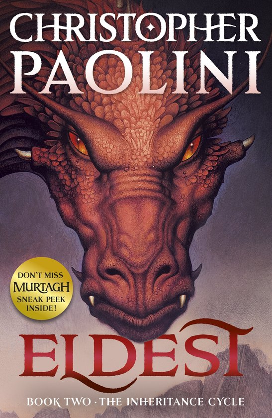 La tête rouge de dragon sur la couverture du livre Eldest, avec le texte 'Don't miss Murtagh' et 'Sneak peek inside!'