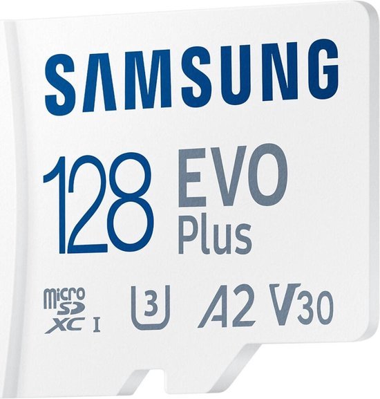 Witte Samsung 128GB EVO Plus microSDXC A2 V30 kaart met blauwe en grijze tekst.