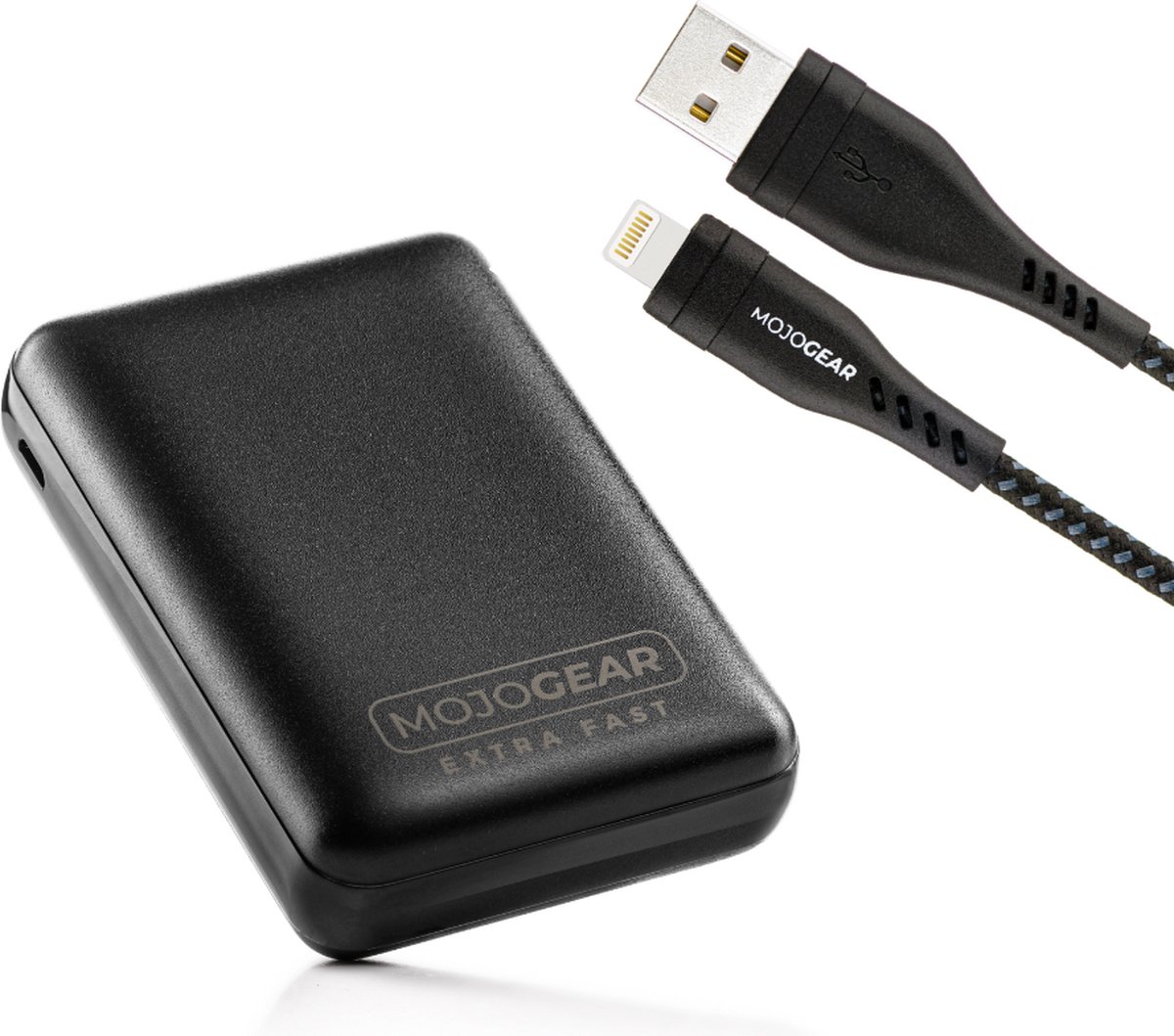 MOJOGEAR MINI EXTRA FAST 10.000 mAh powerbank met Apple Lightning naar USB kabel Extra Sterk