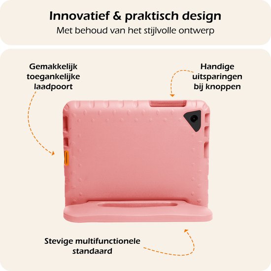 Roze tablet hoes met handige uitsparingen en standaard.