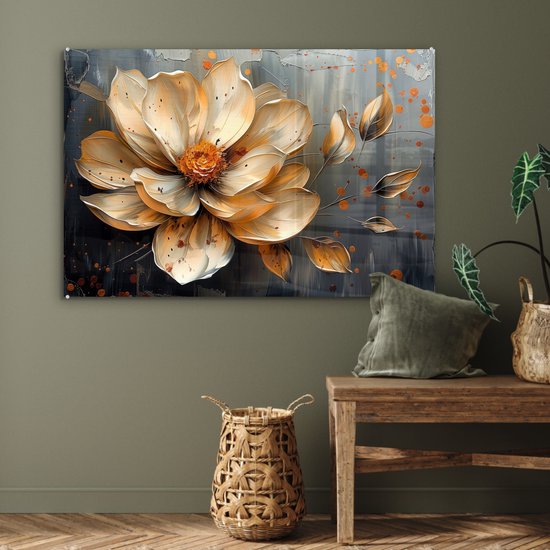MuchoWow® Peinture sur verre 120x80 cm - Peinture sur verre acrylique - Fleurs - Or - Art - Zwart - Moderne - Photo sur verre - Décoration murale salon - Décoration murale chambre - Peintures