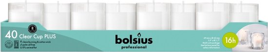 Doos met 40 Bolsius 'Clear Cup PLUS' kaarsen, elk in een transparante houder, met een brandtijd van 16 uur.