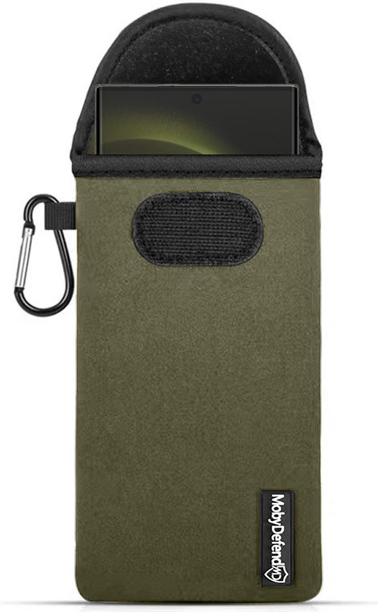 MobyDefend Hoesje - Geschikt voor Samsung Galaxy S23 Ultra - Neopreen Pouch Met Karabijnhaak - Insteek - Riemlus - Groen