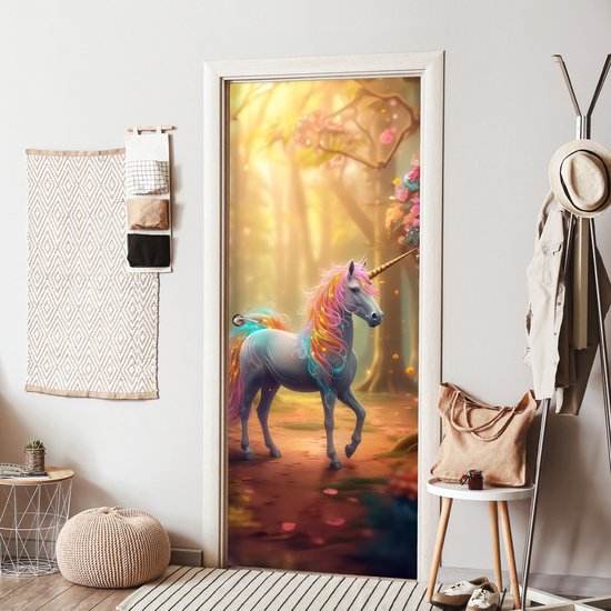 Affiche de porte 85x205 cm - Sticker porte Licorne - Forêt - Coloré - Fleurs - Meiden - Film meuble autocollant - Film porte chambre ado - Film intérieur chambre enfant - Film adhésif porte - Sticker papier peint porte - Décoration chambre ados