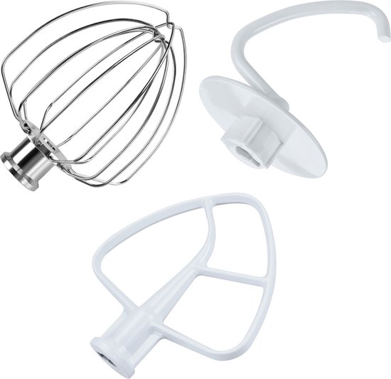 Garde, deeghaak en platte mixer voor een KitchenAid standmixer, op witte achtergrond.