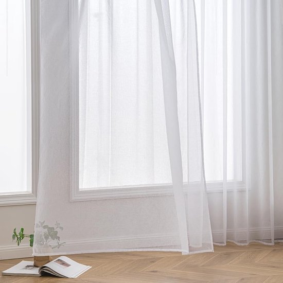 Deconovo set van 2 halftransparante gordijnen met ruches voor de woonkamer, 140×215 CM, Wit