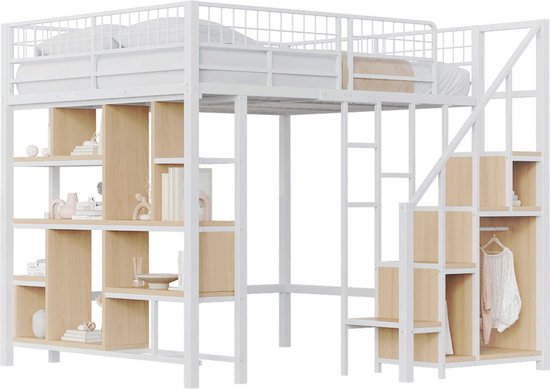 Merax Metalen hoogslaper 140 x 200 cm, met bureau, eenvoudige kledingkast en plank, multifunctioneel hoogslaper voor 1-zits met trap, zwart (zonder matras