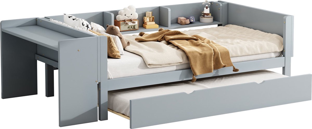 Merax Bed 90x200 cm – Met Uittrekbaar Bed - Bureau en 3 Opbergvakken - Grijs - Houten Lattenbodem