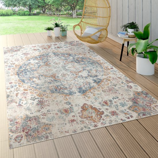 Paco Home Tapijt Voor Binnen En Buiten Balkon Oosters Patroon Vintage Blauw Crème 60x100 cm