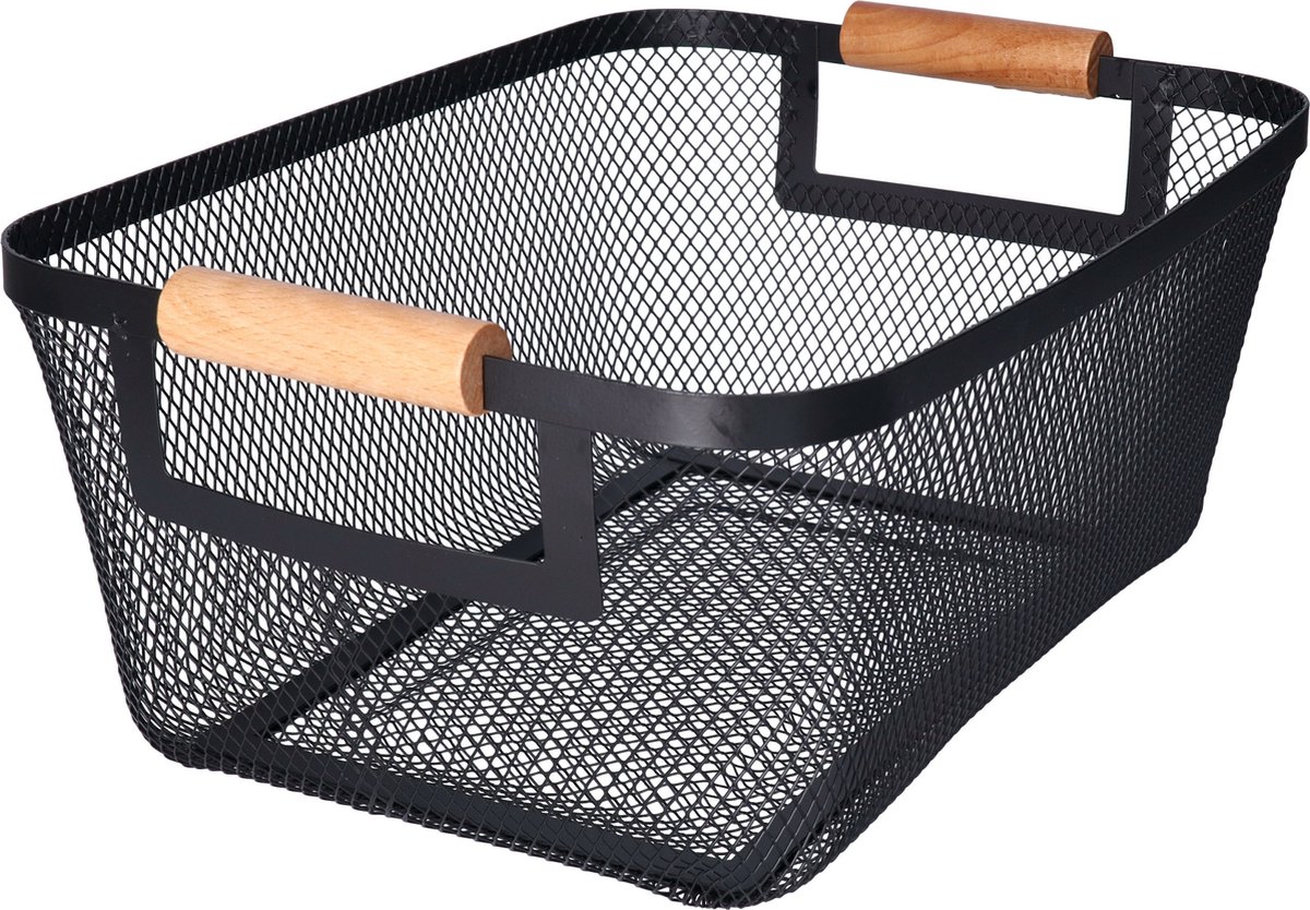 H&S Collection Opbergmand - met handgrepen - zwart - metaal - 31 x 22 x 14 cm - draadmand