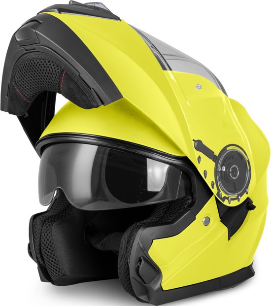 Casque intégral jaune fluo avec visière relevée et doublure intérieure visible.