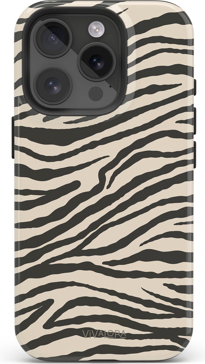 VivaLora Tough Telefoonhoesje iPhone 16 Pro met MagSafe - Wild Lines Zebra Print - 2-in-1 Phone Case - Hard Case & Siliconen Backcover - Extra Bescherming - Shockproof Cover - Zwart/Wit Zebraprint