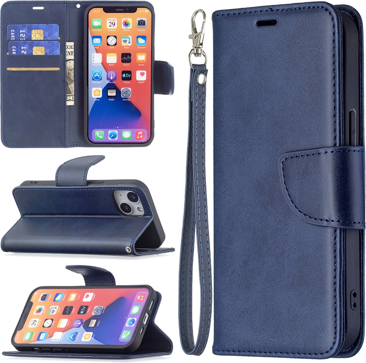 MobyDefend Hoesje - Geschikt voor iPhone 13 - Wallet Book Case Met Koord - Blauw