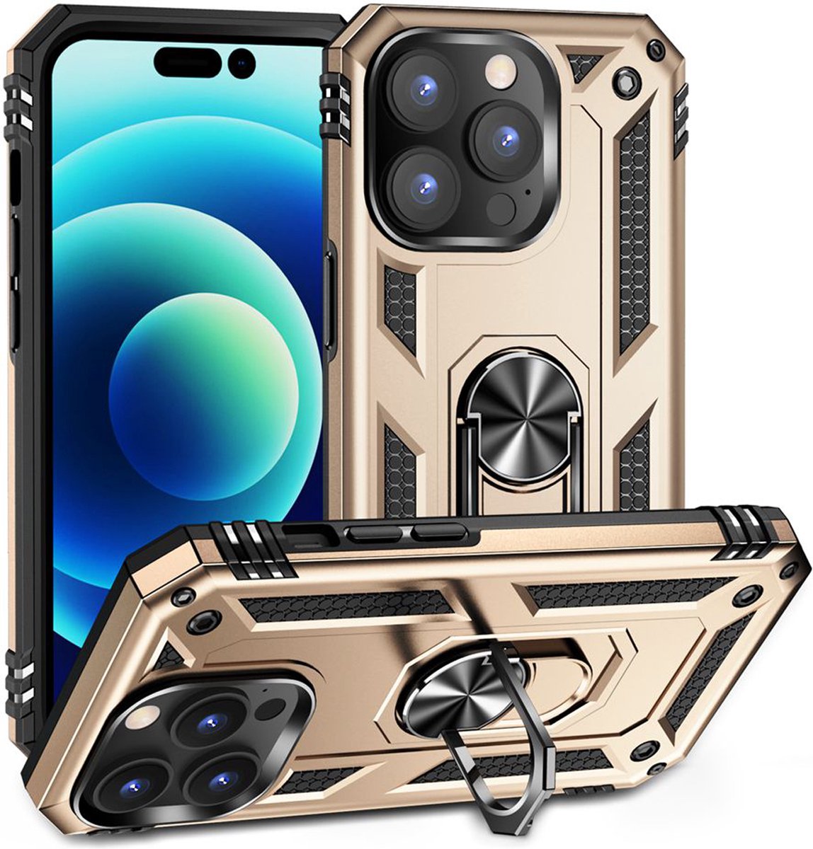MobyDefend Hoesje - Geschikt voor iPhone 14 Pro - Pantsercase Met Draaibare Ring - Goud