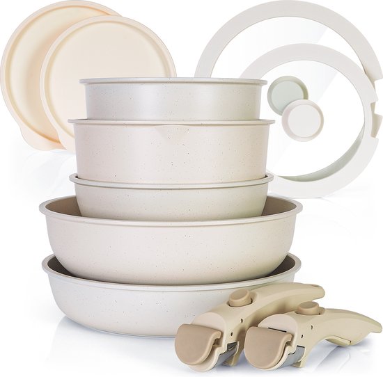 Batterie de Cuisine Glissimo - Set de Poêles en Céramique 15 pièces - Manche Amovible - Antiadhésif - Adapté à tous feux - Revêtement antiadhésif - Empilable